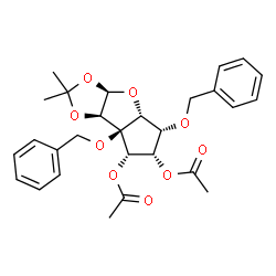 ChemSpider 2D Image | (3aR,4aR,5R,6S,7S,7aS,7bR)-5,7a-Bis(benzyloxy)-2,2-dimethylhexahydro-3aH-cyclopenta[4,5]furo[2,3-d][1,3]dioxole-6,7-diyl diacetate | C28H32O9