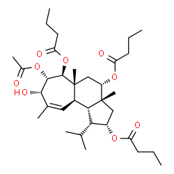 ChemSpider 2D Image | (1R,2S,3aR,4S,5aR,6S,7S,8S,10aR,10bS)-7-Acetoxy-8-hydroxy-1-isopropyl-3a,5a,9-trimethyl-1,2,3,3a,4,5,5a,6,7,8,10a,10b-dodecahydrocyclohepta[e]indene-2,4,6-triyl tributanoate | C34H54O9