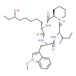 ChemSpider 2D Image | (3S,6S,9S,15aR)-9-[(2S)-2-Butanyl]-3-[(6S)-6-hydroxyoctyl]-6-[(1-methoxy-1H-indol-3-yl)methyl]octahydro-2H-pyrido[1,2-a][1,4,7,10]tetraazacyclododecine-1,4,7,10(3H,12H)-tetrone | C34H51N5O6