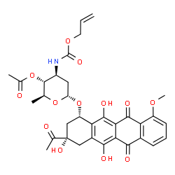 ChemSpider 2D Image | (1S,3S)-3-Acetyl-3,5,12-trihydroxy-10-methoxy-6,11-dioxo-1,2,3,4,6,11-hexahydro-1-tetracenyl 4-O-acetyl-3-{[(allyloxy)carbonyl]amino}-2,3,6-trideoxy-alpha-L-arabino-hexopyranoside | C33H35NO13