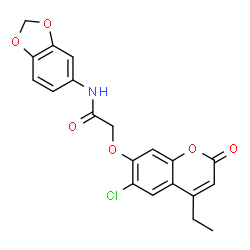 ChemSpider 2D Image | N-(1,3-Benzodioxol-5-yl)-2-[(6-chloro-4-ethyl-2-oxo-2H-chromen-7-yl)oxy]acetamide | C20H16ClNO6