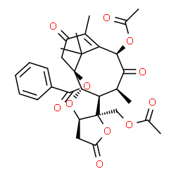 ChemSpider 2D Image | (1S,2S,4R,8S,9R,10S,12R)-12-Acetoxy-8-(acetoxymethyl)-10,14,17,17-tetramethyl-6,11,15-trioxo-3,7-dioxatetracyclo[11.3.1.0~2,9~.0~4,8~]heptadec-13-en-1-yl benzoate | C31H34O11