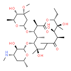 ChemSpider 2D Image | (3R,4S,5S,6R,7R,11R,12R,13S,14R)-14-Ethyl-7,12,13-trihydroxy-4-{[(2R,4R,5S,6S)-5-hydroxy-4-methoxy-4,6-dimethyltetrahydro-2H-pyran-2-yl]oxy}-6-{[(2S,3R,4S,6R)-3-hydroxy-6-methyl-4-(methylamino)tetrahy
dro-2H-pyran-2-yl]oxy}-3,5,7,9,11,13-hexamethyloxacyclotetradecane-2,10-dione | C36H65NO13