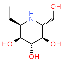 ChemSpider 2D Image | (2R,3S,4R,5R,6R)-2-Ethyl-6-(hydroxymethyl)-3,4,5-piperidinetriol | C8H17NO4