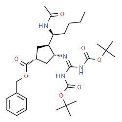 ChemSpider 2D Image | Benzyl (1R,3S,4R)-3-[(1S)-1-acetamidopentyl]-4-[(2,2,10,10-tetramethyl-4,8-dioxo-3,9-dioxa-5,7-diazaundecan-6-ylidene)amino]cyclopentanecarboxylate | C31H48N4O7