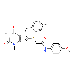 ChemSpider 2D Image | 2-{[7-(4-Fluorobenzyl)-1,3-dimethyl-2,6-dioxo-2,3,6,7-tetrahydro-1H-purin-8-yl]sulfanyl}-N-(4-methoxyphenyl)acetamide | C23H22FN5O4S