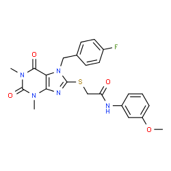 ChemSpider 2D Image | 2-{[7-(4-Fluorobenzyl)-1,3-dimethyl-2,6-dioxo-2,3,6,7-tetrahydro-1H-purin-8-yl]sulfanyl}-N-(3-methoxyphenyl)acetamide | C23H22FN5O4S