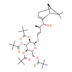 ChemSpider 2D Image | (1E,3R,4R)-4-[(1R,5S)-6,6-Dimethylbicyclo[3.1.1]hept-2-en-2-yl]-4-hydroxy-3-methyl-1-buten-1-yl 2,3,4,6-tetrakis-O-(2,2-dimethylpropanoyl)-alpha-D-glucopyranoside | C40H64O11