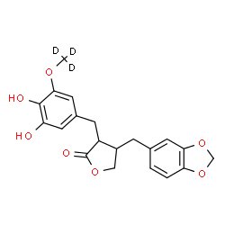 ChemSpider 2D Image | 4-(1,3-Benzodioxol-5-ylmethyl)-3-{3,4-dihydroxy-5-[(~2~H_3_)methyloxy]benzyl}dihydro-2(3H)-furanone | C20H17D3O7