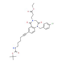 ChemSpider 2D Image | Ethyl 3-{1-(4-chlorobenzyl)-7-[6-({[(2-methyl-2-propanyl)oxy]carbonyl}amino)-1-hexyn-1-yl]-2,5-dioxo-1,2,3,5-tetrahydro-4H-1,4-benzodiazepin-4-yl}propanoate | C32H38ClN3O6