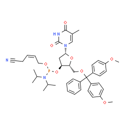 ChemSpider 2D Image | 5'-O-[Bis(4-methoxyphenyl)(phenyl)methyl]-3'-O-[{[(2Z)-4-cyano-2-buten-1-yl]oxy}(diisopropylamino)phosphino]thymidine | C42H51N4O8P