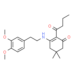 ChemSpider 2D Image | 2-Butyryl-3-[2-(3,4-dimethoxy-phenyl)-ethylamino]-5,5-dimethyl-cyclohex-2-enone | C22H31NO4