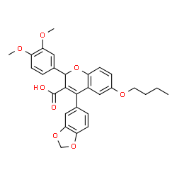 ChemSpider 2D Image | 4-(1,3-Benzodioxol-5-yl)-6-butoxy-2-(3,4-dimethoxyphenyl)-2H-chromene-3-carboxylic acid | C29H28O8