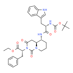 ChemSpider 2D Image | Ethyl (2S)-2-[(4aS,5R)-5-[(N-{[(2-methyl-2-propanyl)oxy]carbonyl}-L-tryptophyl)amino]-1,3-dioxohexahydro-1H-pyrido[1,2-c]pyrimidin-2(3H)-yl]-3-phenylpropanoate | C35H43N5O7
