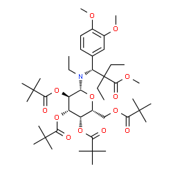 ChemSpider 2D Image | N-[(1R)-1-(3,4-Dimethoxyphenyl)-2-ethyl-2-(methoxycarbonyl)butyl]-2,3,4,6-tetrakis-O-(2,2-dimethylpropanoyl)-N-ethyl-beta-D-galactopyranosylamine | C44H71NO13