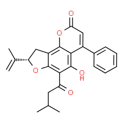 ChemSpider 2D Image | (8S)-5-Hydroxy-8-isopropenyl-6-(3-methylbutanoyl)-4-phenyl-8,9-dihydro-2H-furo[2,3-h]chromen-2-one | C25H24O5