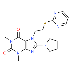 ChemSpider 2D Image | 1,3-Dimethyl-7-[2-(2-pyrimidinylsulfanyl)ethyl]-8-(1-pyrrolidinyl)-3,7-dihydro-1H-purine-2,6-dione | C17H21N7O2S