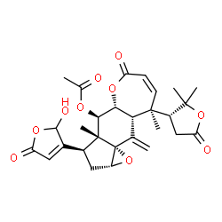 ChemSpider 2D Image | (1aR,3R,3aR,4R,4aR,9R,9aR,10aS)-9-[(3R)-2,2-Dimethyl-5-oxotetrahydro-3-furanyl]-3-(2-hydroxy-5-oxo-2,5-dihydro-3-furanyl)-3a,9-dimethyl-10-methylene-6-oxo-1a,2,3,3a,4,4a,6,9,9a,10-decahydrooxireno[1,7
a]indeno[5,6-b]oxepin-4-yl acetate | C28H32O10