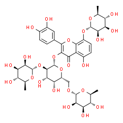 ChemSpider 2D Image | 8-[(6-Deoxy-alpha-L-mannopyranosyl)oxy]-2-(3,4-dihydroxyphenyl)-5-hydroxy-4-oxo-4H-chromen-3-yl 6-deoxy-alpha-L-mannopyranosyl-(1->2)-[6-deoxy-alpha-L-mannopyranosyl-(1->6)]-beta-D-galactopyranoside | C39H50O24