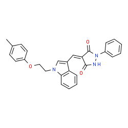 ChemSpider 2D Image | (4E)-4-({1-[2-(4-Methylphenoxy)ethyl]-1H-indol-3-yl}methylene)-1-phenyl-3,5-pyrazolidinedione | C27H23N3O3