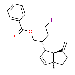 ChemSpider 2D Image | (2R)-4-Iodo-2-[(1S,3aS,6aS)-3a-methyl-6-methylene-1,3a,4,5,6,6a-hexahydro-1-pentalenyl]butyl benzoate | C21H25IO2