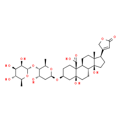 ChemSpider 2D Image | (3beta,5beta)-3-{[2,6-Dideoxy-4-O-(6-deoxy-alpha-L-mannopyranosyl)-beta-D-ribo-hexopyranosyl]oxy}-5,14,19-trihydroxy-19-oxocard-20(22)-enolide | C35H52O14
