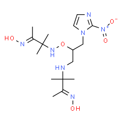 ChemSpider 2D Image | (3E)-3-(Hydroxyimino)-N-{[1-{[(3E)-3-(hydroxyimino)-2-methyl-2-butanyl]amino}-3-(2-nitro-1H-imidazol-1-yl)-2-propanyl]oxy}-2-methyl-2-butanamine | C16H29N7O5