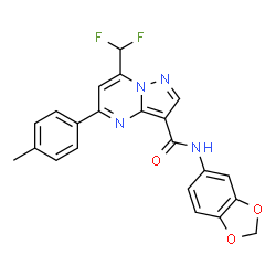 ChemSpider 2D Image | N-(1,3-Benzodioxol-5-yl)-7-(difluoromethyl)-5-(4-methylphenyl)pyrazolo[1,5-a]pyrimidine-3-carboxamide | C22H16F2N4O3