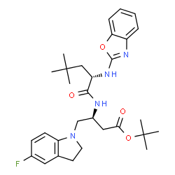 ChemSpider 2D Image | 2-Methyl-2-propanyl (3S)-3-{[N-(1,3-benzoxazol-2-yl)-4-methyl-L-leucyl]amino}-4-(5-fluoro-2,3-dihydro-1H-indol-1-yl)butanoate | C30H39FN4O4