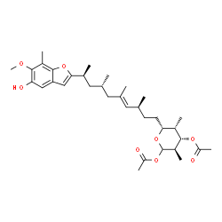 ChemSpider 2D Image | (5R)-1,3-Di-O-acetyl-2,4-dideoxy-5-[(3S,4E,7S,9S)-9-(5-hydroxy-6-methoxy-7-methyl-1-benzofuran-2-yl)-3,5,7-trimethyl-4-decen-1-yl]-2,4-dimethyl-L-arabinopyranose | C34H50O8