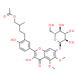 ChemSpider 2D Image | 4-{5-[7-(alpha-D-Glucopyranosyloxy)-3-hydroxy-5,6-dimethoxy-4-oxo-4H-chromen-2-yl]-2-hydroxyphenyl}-2-methylbutyl acetate | C30H36O14