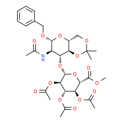 ChemSpider 2D Image | Benzyl 2-acetamido-2-deoxy-4,6-O-isopropylidene-3-O-(2,3,4-tri-O-acetyl-6-methyl-beta-D-glucopyranuronosyl)-beta-D-glucopyranoside | C31H41NO15