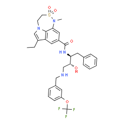 ChemSpider 2D Image | 7-Ethyl-N-[(2S,3R)-3-hydroxy-1-phenyl-4-{[3-(trifluoromethoxy)benzyl]amino}-2-butanyl]-1-methyl-3,4-dihydro-1H-[1,2,5]thiadiazepino[3,4,5-hi]indole-9-carboxamide 2,2-dioxide | C32H35F3N4O5S