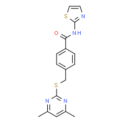 ChemSpider 2D Image | 4-{[(4,6-Dimethyl-2-pyrimidinyl)sulfanyl]methyl}-N-(1,3-thiazol-2-yl)benzamide | C17H16N4OS2