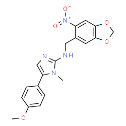 ChemSpider 2D Image | 5-(4-Methoxyphenyl)-1-methyl-N-[(6-nitro-1,3-benzodioxol-5-yl)methyl]-1H-imidazol-2-amine | C19H18N4O5