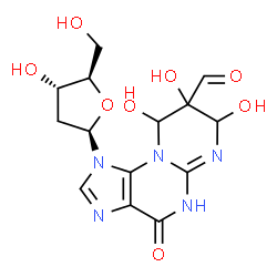 ChemSpider 2D Image | 1-(2-Deoxy-beta-D-erythro-pentofuranosyl)-7,8,9-trihydroxy-4-oxo-1,4,5,7,8,9-hexahydropyrimido[2,1-b]purine-8-carbaldehyde | C14H17N5O8