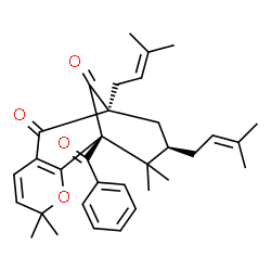 ChemSpider 2D Image | (1R,9S,11R)-1-Benzoyl-4,4,12,12-tetramethyl-9,11-bis(3-methyl-2-buten-1-yl)-3-oxatricyclo[7.3.1.0~2,7~]trideca-2(7),5-diene-8,13-dione | C33H40O4