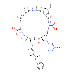 ChemSpider 2D Image | (2E,5R,8S,11R,15S,18S,19S,22R)-15-{3-[(Diaminomethylene)amino]propyl}-2-ethylidene-18-[(1E,3E,5S,6S)-6-methoxy-3,5-dimethyl-7-phenyl-1,3-heptadien-1-yl]-5,19-dimethyl-8-[(2S)-2-methylbutyl]-3,6,9,13,1
6,20,25-heptaoxo-1,4,7,10,14,17,21-heptaazacyclopentacosane-11,22-dicarboxylic acid | C49H74N10O12
