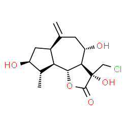ChemSpider 2D Image | (3S,3aR,4S,6aR,8S,9S,9aR,9bR)-3-(Chloromethyl)-3,4,8-trihydroxy-9-methyl-6-methylenedecahydroazuleno[4,5-b]furan-2(3H)-one | C15H21ClO5