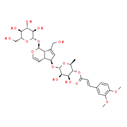 ChemSpider 2D Image | (1S,4aR,5S,7aS)-5-({6-Deoxy-4-O-[(2E)-3-(3,4-dimethoxyphenyl)-2-propenoyl]-alpha-L-mannopyranosyl}oxy)-7-(hydroxymethyl)-1,4a,5,7a-tetrahydrocyclopenta[c]pyran-1-yl beta-D-glucopyranoside | C32H42O16