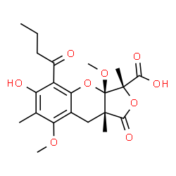 ChemSpider 2D Image | (3R,3aS,9aR)-5-Butyryl-6-hydroxy-3a,8-dimethoxy-3,7,9a-trimethyl-1-oxo-3,3a,9,9a-tetrahydro-1H-furo[3,4-b]chromene-3-carboxylic acid | C21H26O9