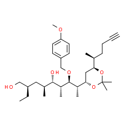 ChemSpider 2D Image | (2S,4S,5S,6R,7R,8S)-2-Ethyl-8-{(4S,6S)-6-[(2S)-5-hexyn-2-yl]-2,2-dimethyl-1,3-dioxan-4-yl}-7-[(4-methoxybenzyl)oxy]-4,6-dimethyl-1,5-nonanediol | C33H54O6