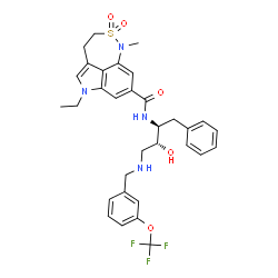 ChemSpider 2D Image | 6-Ethyl-N-[(2S,3R)-3-hydroxy-1-phenyl-4-{[3-(trifluoromethoxy)benzyl]amino}-2-butanyl]-1-methyl-1,3,4,6-tetrahydro[1,2]thiazepino[5,4,3-cd]indole-8-carboxamide 2,2-dioxide | C32H35F3N4O5S