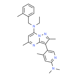 ChemSpider 2D Image | 3-[6-(Dimethylamino)-4-methyl-3-pyridinyl]-N-ethyl-2,5-dimethyl-N-(2-methylbenzyl)pyrazolo[1,5-a]pyrimidin-7-amine | C26H32N6