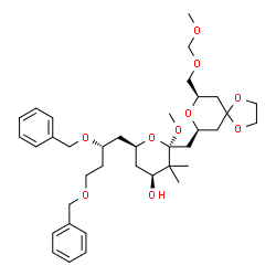 ChemSpider 2D Image | (2S,4S,6S)-6-[(2S)-2,4-Bis(benzyloxy)butyl]-2-methoxy-2-({(7S,9R)-9-[(methoxymethoxy)methyl]-1,4,8-trioxaspiro[4.5]dec-7-yl}methyl)-3,3-dimethyltetrahydro-2H-pyran-4-ol | C37H54O10