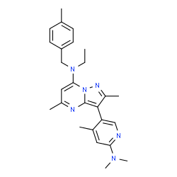 ChemSpider 2D Image | 3-[6-(Dimethylamino)-4-methyl-3-pyridinyl]-N-ethyl-2,5-dimethyl-N-(4-methylbenzyl)pyrazolo[1,5-a]pyrimidin-7-amine | C26H32N6