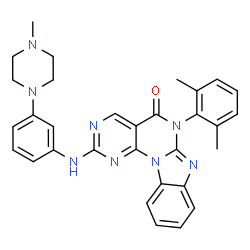 ChemSpider 2D Image | 6-(2,6-Dimethylphenyl)-2-{[3-(4-methyl-1-piperazinyl)phenyl]amino}pyrimido[5',4':5,6]pyrimido[1,2-a]benzimidazol-5(6H)-one | C31H30N8O