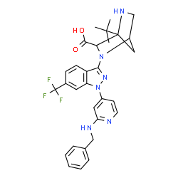 ChemSpider 2D Image | 2-{1-[2-(Benzylamino)-4-pyridinyl]-6-(trifluoromethyl)-1H-indazol-3-yl}-4-(2-methyl-2-propanyl)-2,5-diazabicyclo[2.2.1]heptane-3-carboxylic acid | C30H31F3N6O2
