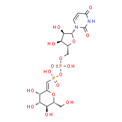 ChemSpider 2D Image | [[(2R,3S,4R,5R)-5-(2,4-dioxopyrimidin-1-yl)-3,4-dihydroxy-tetrahydrofuran-2-yl]methoxy-hydroxy-phosphoryl]oxy-[(Z)-[(3S,4S,5S,6R)-3,4,5-trihydroxy-6-(hydroxymethyl)tetrahydropyran-2-ylidene]methyl]phosphinic acid | C16H24N2O16P2