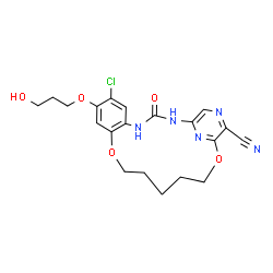ChemSpider 2D Image | 7-Chloro-8-(3-hydroxypropoxy)-3-oxo-11,17-dioxa-2,4,20,22-tetraazatricyclo[16.3.1.0~5,10~]docosa-1(22),5,7,9,18,20-hexaene-19-carbonitrile | C20H22ClN5O5